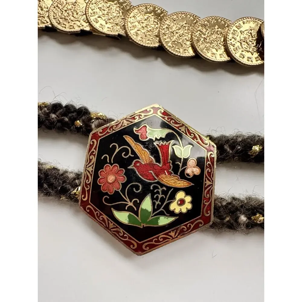 Vintage Cloisonne Belt Hummingbird Floral Black Gold + Stretch Coin Belt 80's